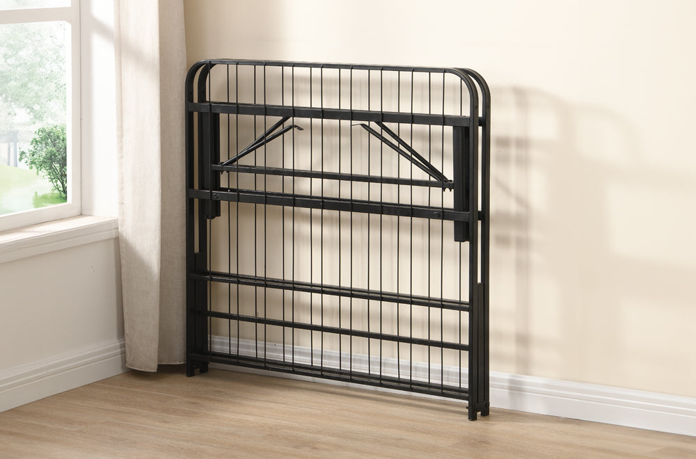 Heavy-duty folding metal bed frame with reinforced slats for strong mattress support
