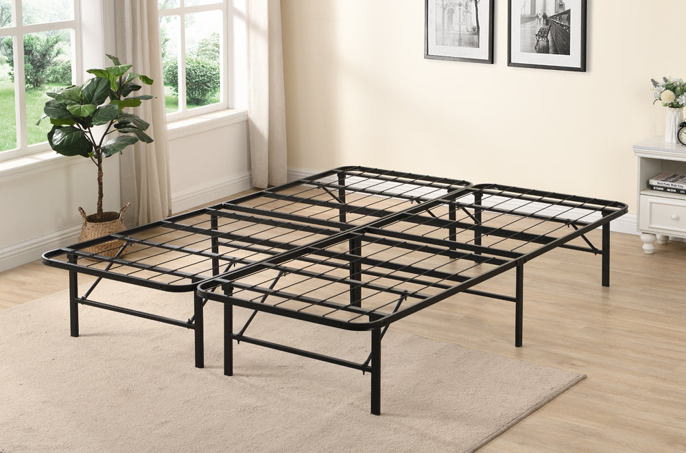 Space-saving folding metal bed frame with durable steel construction and sturdy legs
