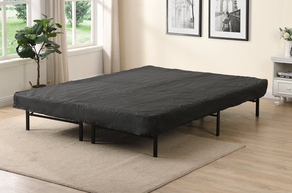 Compact black metal bed frame showing folding design and reinforced center support
