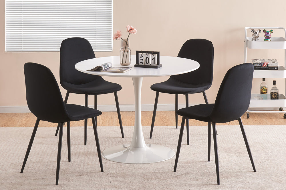 Full view of the Compact Round Wood Veneer Dining Set, showcasing the table and four chairs with plush, velvet upholstered cushions.