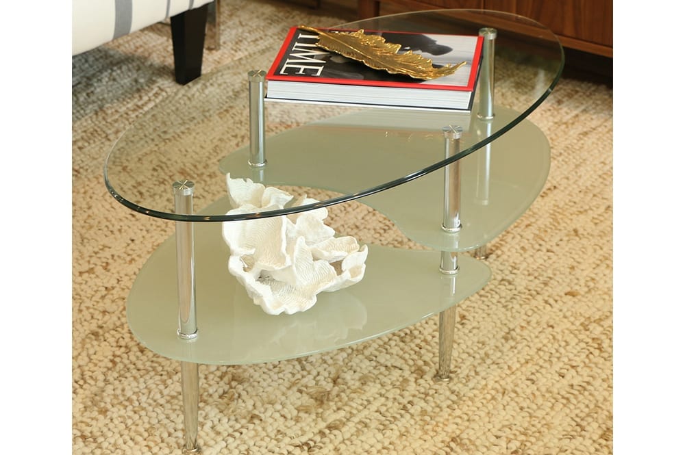 Full view of the Contemporary Tempered Glass Coffee Table, showcasing the clear glass top, chrome legs, and the lower glass or wooden shelf.