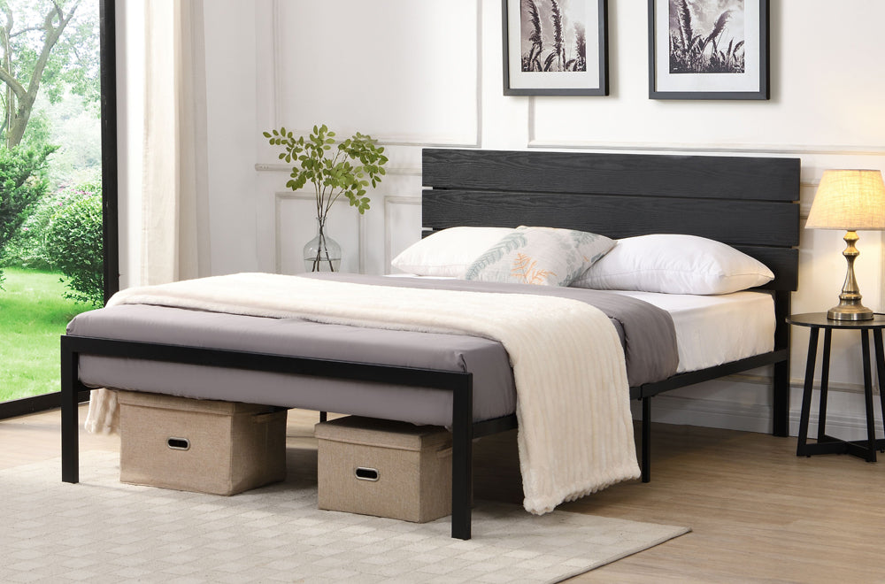 Contemporary metal platform bed frame with MDF wood grain headboard and sturdy steel base
