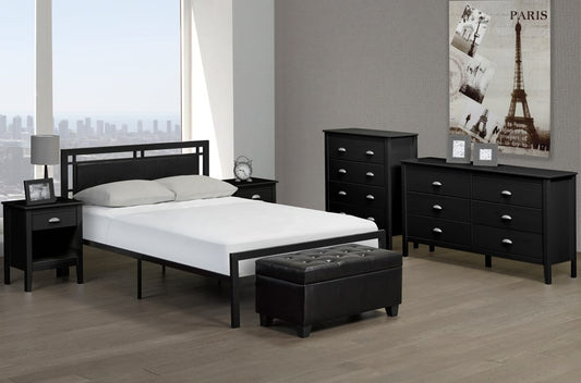 Contemporary metal platform bed with leatherette headboard and sturdy steel frame

