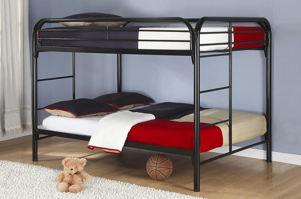 Contemporary steel full-over-full bunk bed in black finish, featuring a sleek design with integrated ladder and full-length guardrails.