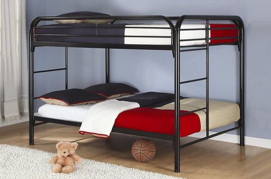 Contemporary steel full-over-full bunk bed in black finish, featuring a sleek design with integrated ladder and full-length guardrails.