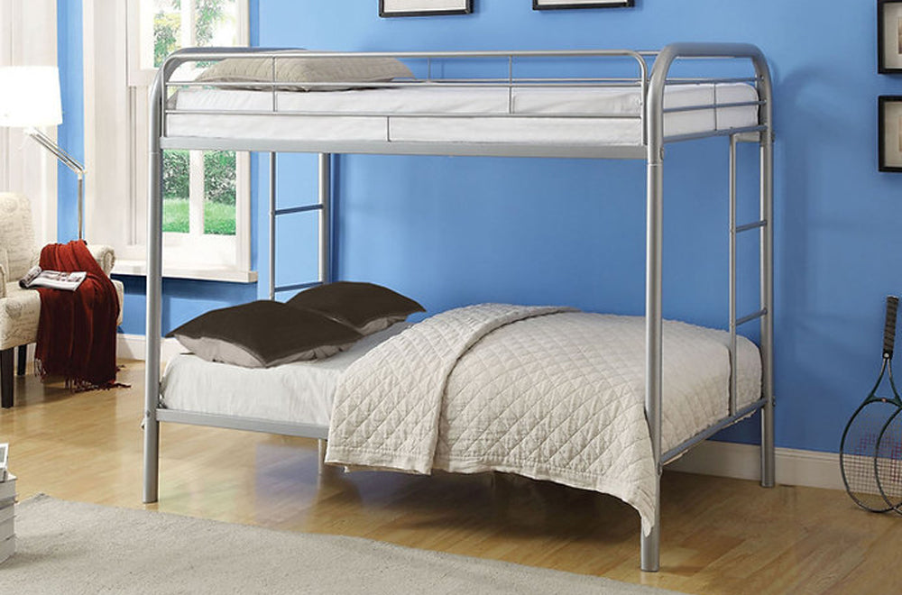 Close-up of the heavy-duty steel frame and secure guardrails on the contemporary full-over-full bunk bed, emphasizing safety.