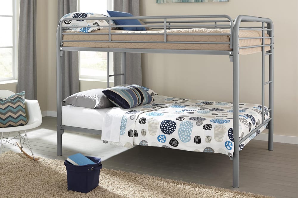 Close-up of the silver steel twin over twin bunk bed, showing the integrated non-slip ladder and the security of the top bunk guardrails.