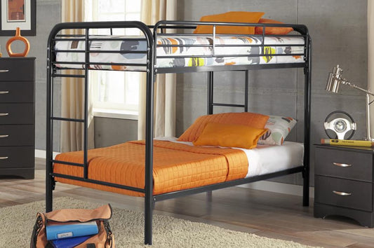 Contemporary steel twin over twin bunk bed in white finish, featuring a sleek, space-saving design with full guardrails and an integrated ladder.