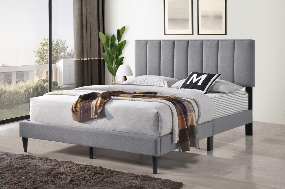 Contemporary tufted platform bed with adjustable headboard in black leatherette

