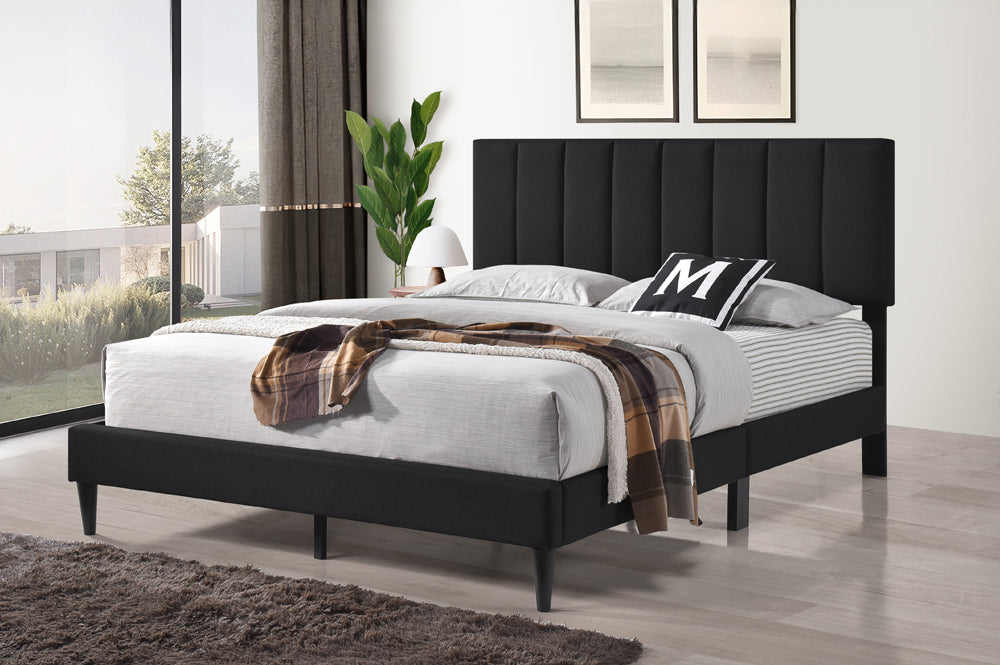 Modern tufted platform bed with adjustable headboard in grey linen fabric
