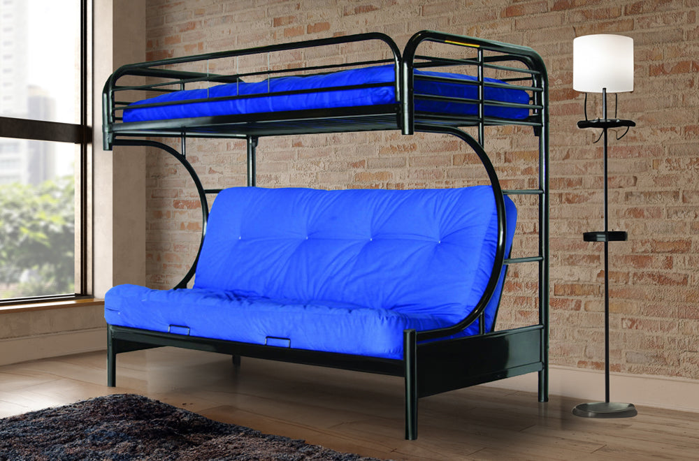 Black metal convertible futon bunk bed (twin over full) in bed configuration, showing its space-saving design and central support.