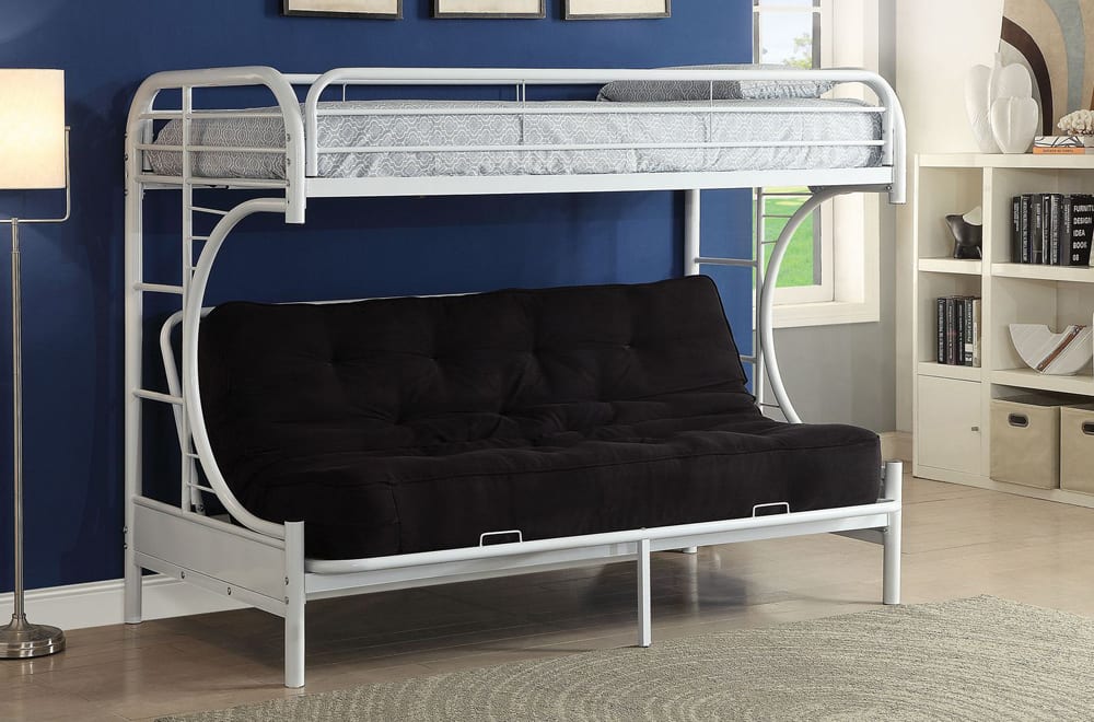 White metal futon bunk bed in sofa configuration, demonstrating its versatility as both a seating area and an upper twin bed.