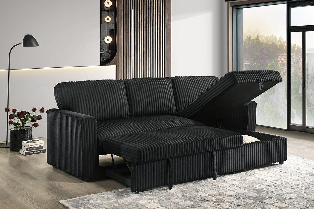 Full view of the Corduroy Fabric Reversible Sectional Sofa, showcasing the ribbed texture, storage chaise, and the pull-out sleeper function extended.