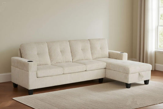 Full view of the 4-Seater Corduroy Sectional Sofa, showcasing the unique ribbed fabric and the console with cup holders, along with the reversible chaise.