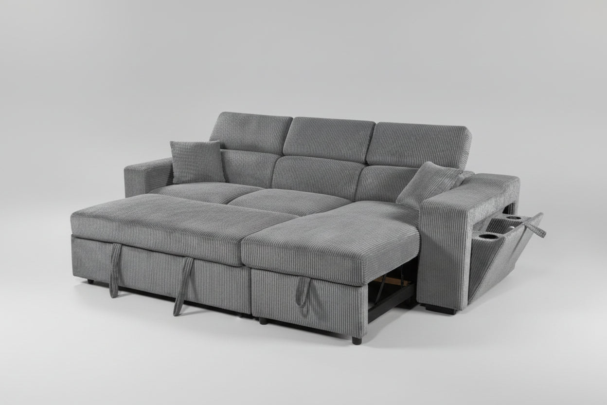 Full view of the Corduroy Fabric Reversible Sectional Sofa, showcasing the ribbed texture, reversible configuration, and pull-out sleeper function extended.