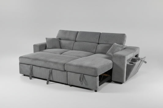 Full view of the Corduroy Fabric Reversible Sectional Sofa, showcasing the ribbed texture, reversible configuration, and pull-out sleeper function extended.