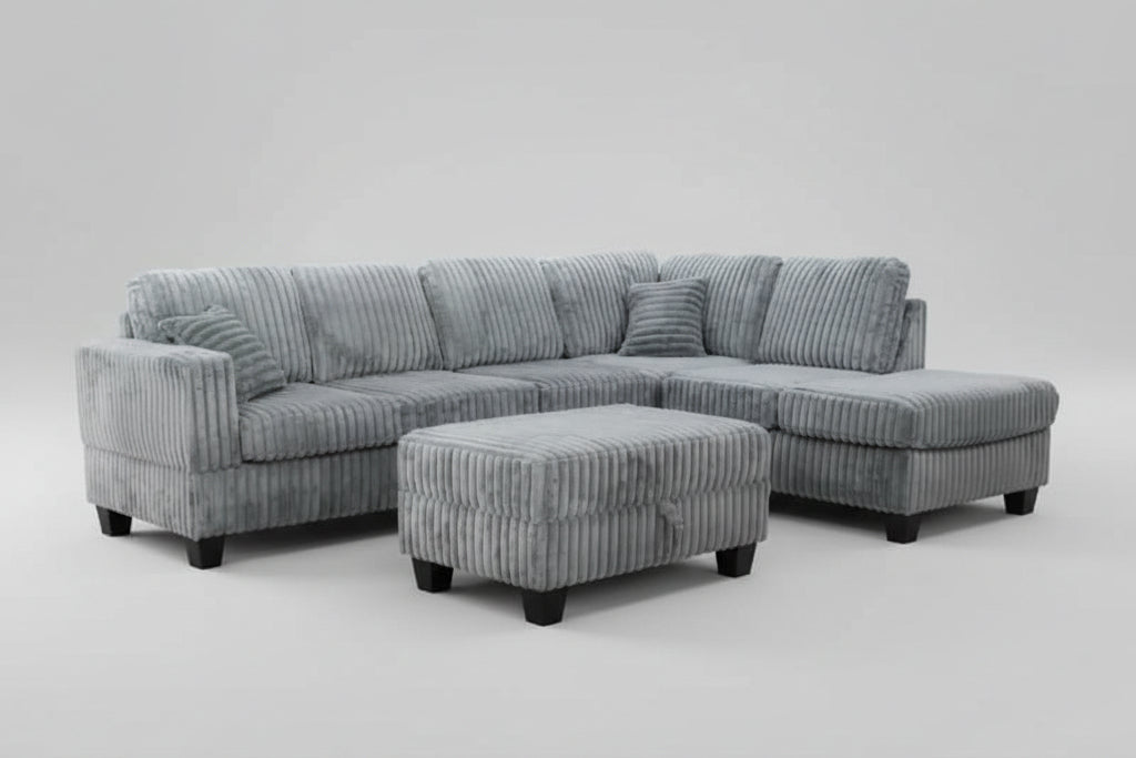 Full view of the Corduroy Fabric Reversible Sectional Sofa, showcasing the ribbed texture and the versatile matching storage ottoman placed next to the chaise.