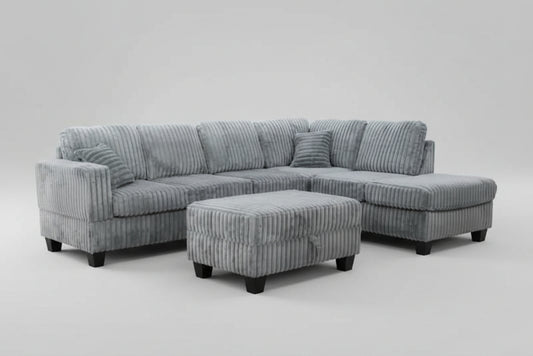 Full view of the Corduroy Fabric Reversible Sectional Sofa, showcasing the ribbed texture and the versatile matching storage ottoman placed next to the chaise.