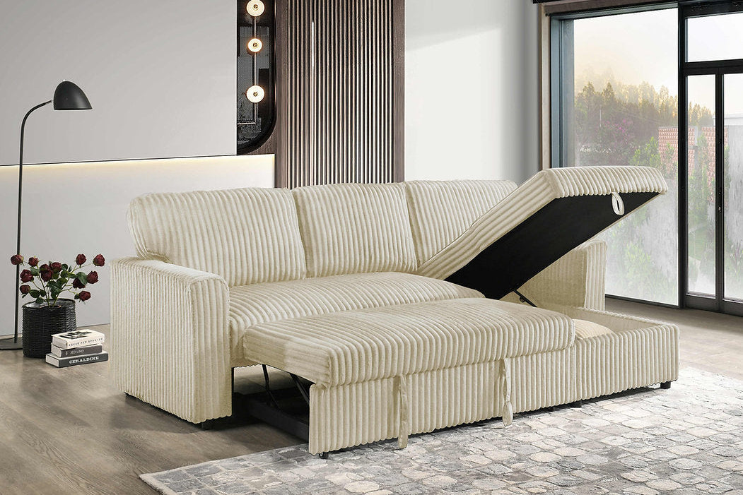 Full view of the Corduroy Fabric Reversible Sectional Sofa, showcasing the ribbed texture, storage chaise, and the pull-out sleeper function extended.