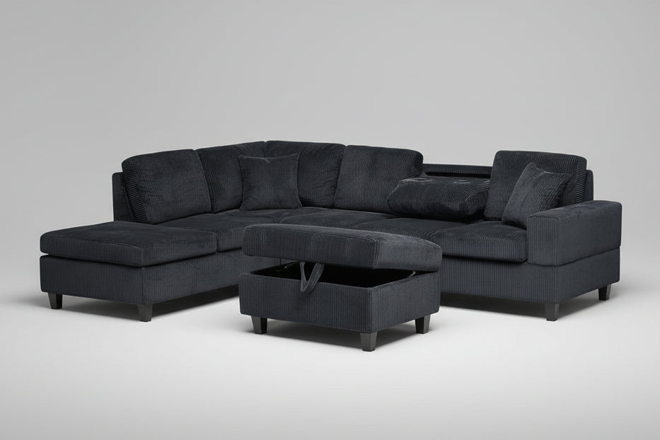 Full view of the Corduroy Reversible Sectional Sofa, showcasing the ribbed fabric and the versatile ottoman with the lid flipped to display the serving tray top.