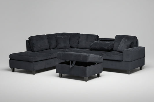 Full view of the Corduroy Reversible Sectional Sofa, showcasing the ribbed fabric and the versatile ottoman with the lid flipped to display the serving tray top.