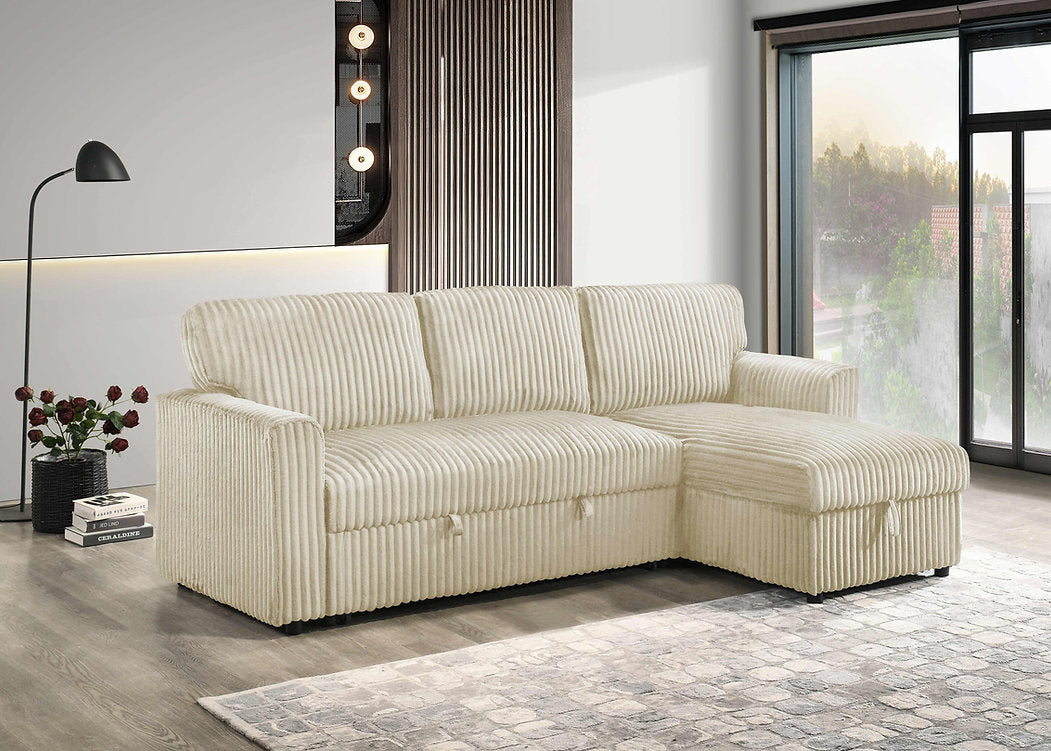 Close-up detail of the Corduroy Sectional's reversible chaise with the lid open, revealing the internal storage compartment for blankets and pillows.