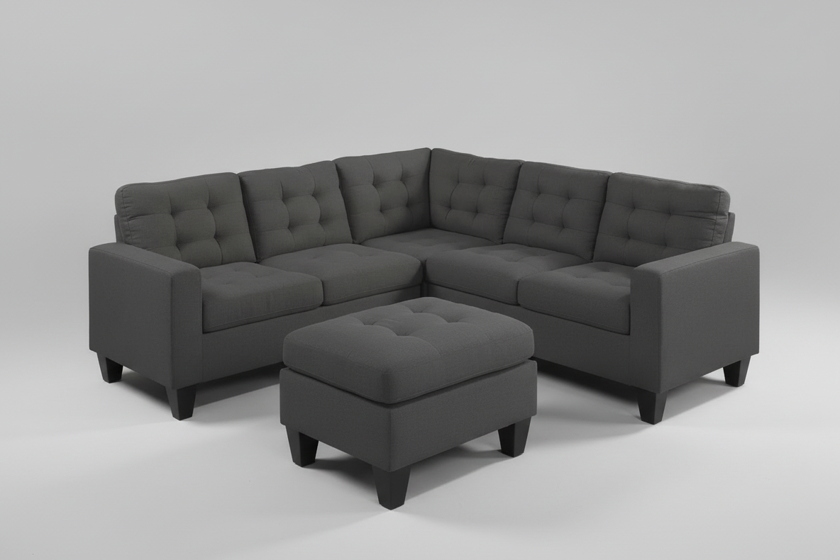 Full view of the Costa Grey 84-Inch Fabric Sectional Sofa, showcasing the compact size, reversible chaise, and the versatile matching ottoman.