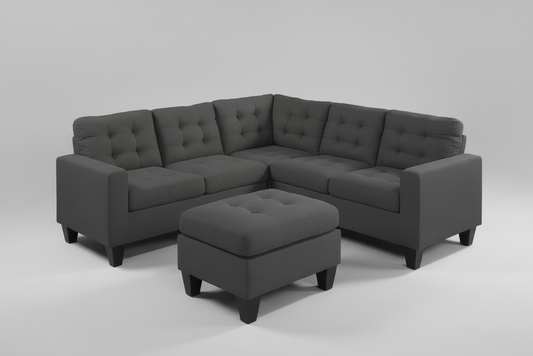 Full view of the Costa Grey 84-Inch Fabric Sectional Sofa, showcasing the compact size, reversible chaise, and the versatile matching ottoman.