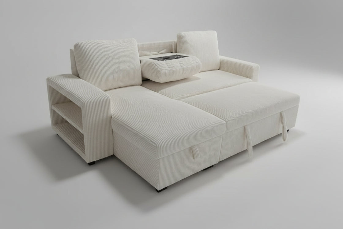 Full view of the Cream Corduroy Reversible Sectional Sofa, showcasing the ribbed fabric texture, reversible configuration, and pull-out sleeper extended.