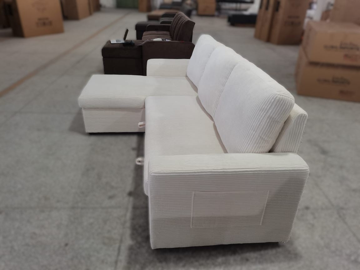 Close-up detail of the Cream Corduroy fabric and the hidden storage compartment being opened beneath the chaise or seating area.