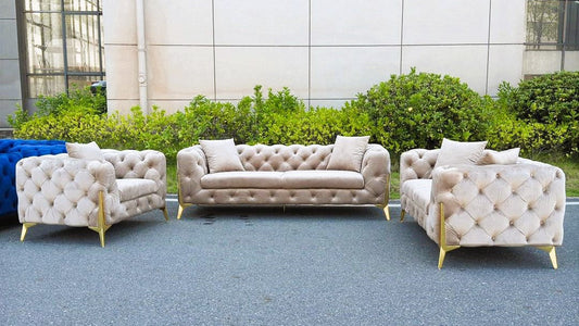 Full view of the Cream Velvet Button-Tufted 3-Piece Set, showcasing the sofa, loveseat, and accent chair with clear button detailing.