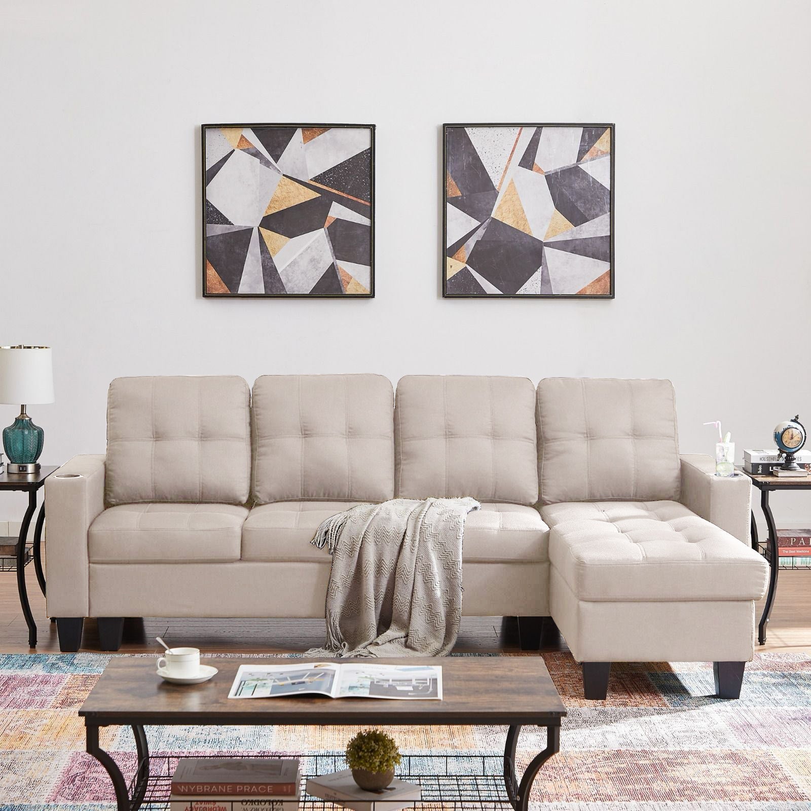 Close-up detail of the durable Diamond Beige Linen fabric, highlighting the specific light color variation and the quality of the woven upholstery.