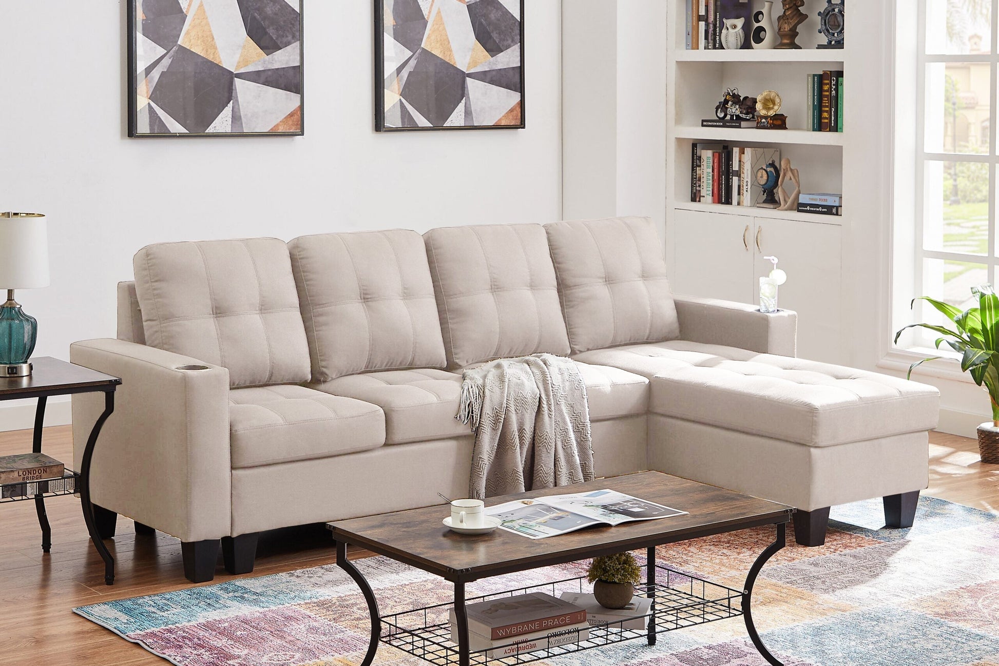 Full view of the Diamond Beige Linen Sectional Sofa, showcasing the neutral color, textured fabric, and the L-shape reversible chaise configuration.