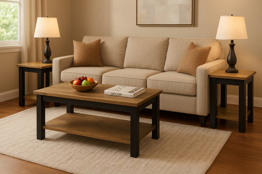 Full view of the 3-Piece Distressed Oak Espresso Coffee and End Table Set, showing the matching coffee table and two accent end tables with lower storage shelves.