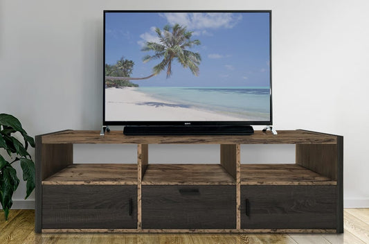 Full view of the two-tone TV Stand, showcasing the contrast between the distressed caramel and chocolate finishes and the closed and open storage sections.