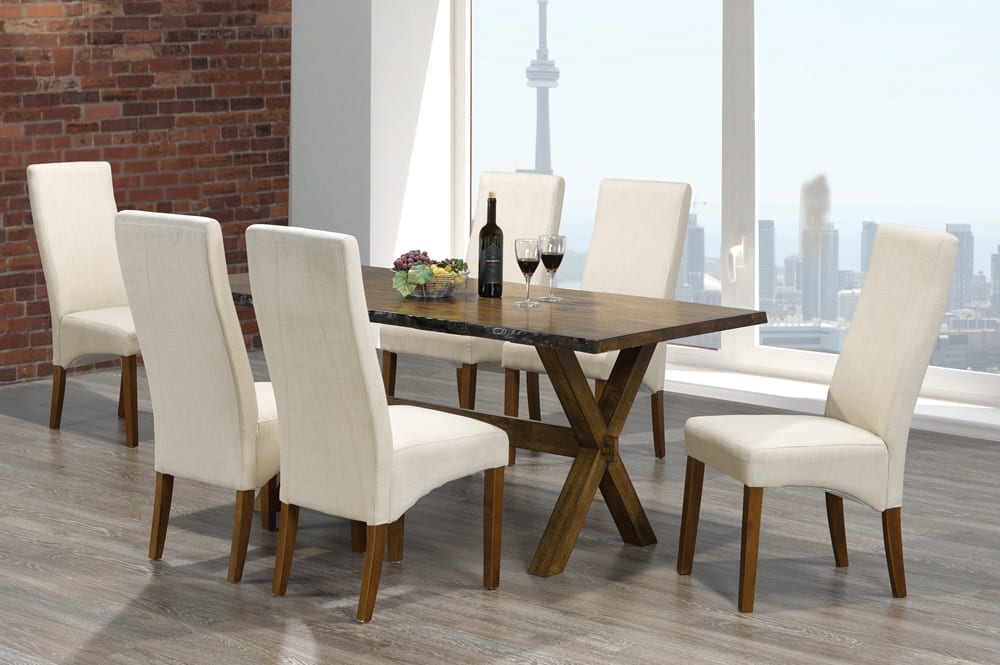 Distressed Walnut Live Edge Dining Table with Six Linen Chairs