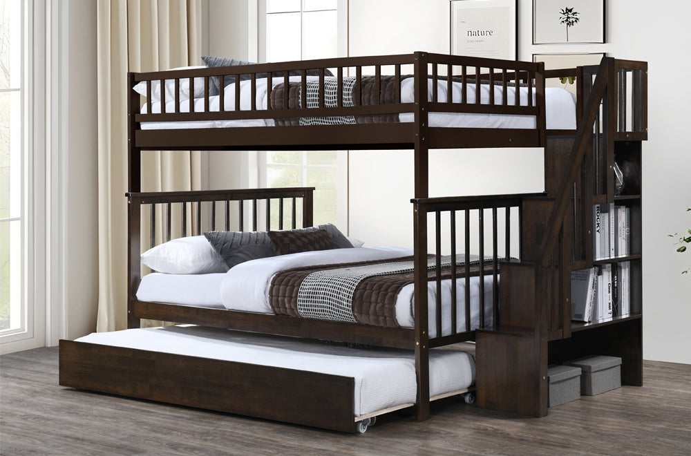 Solid pine double-over-double bunk bed in Espresso finish, featuring a built-in staircase with shelves, trundle, and full guardrails.