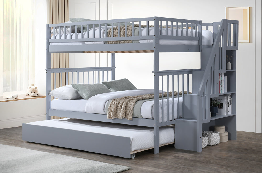 Double over double bunk bed in Grey finish, highlighting the pull-out trundle bed and the storage compartments within the safe staircase.