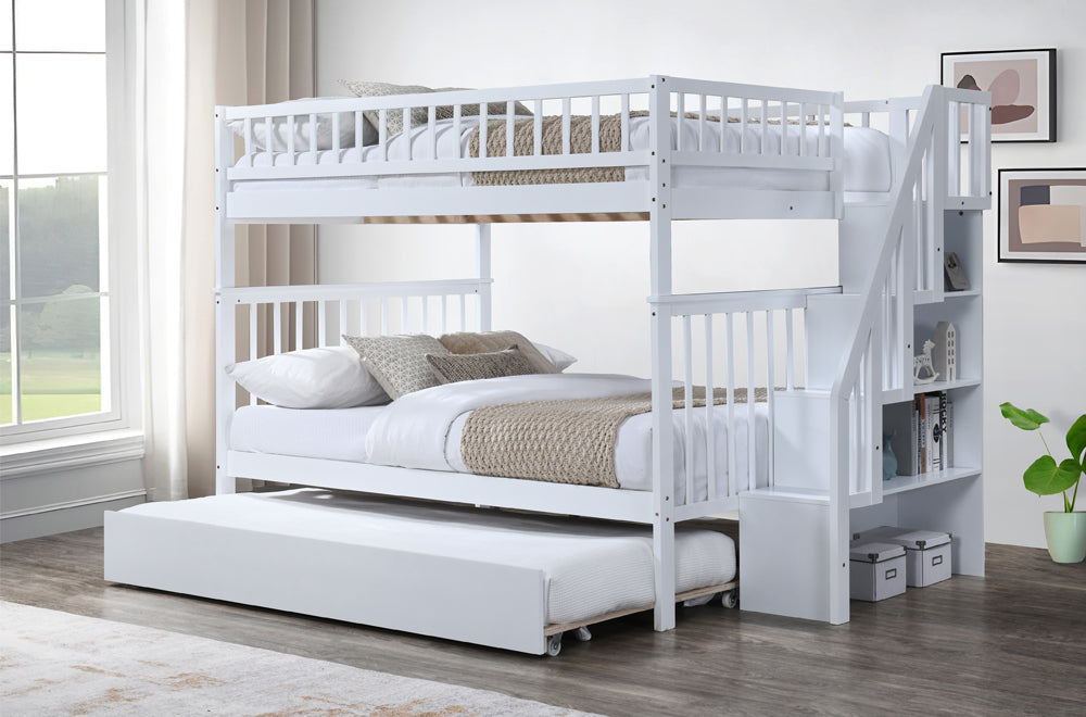 White solid pine double over double bunk bed, emphasizing the strong construction and the large capacity of the full-size lower bunk (440 lb).