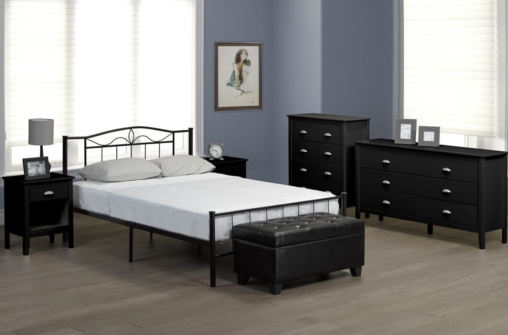 Elegant black metal platform bed frame with curved headboard and sturdy slat support
