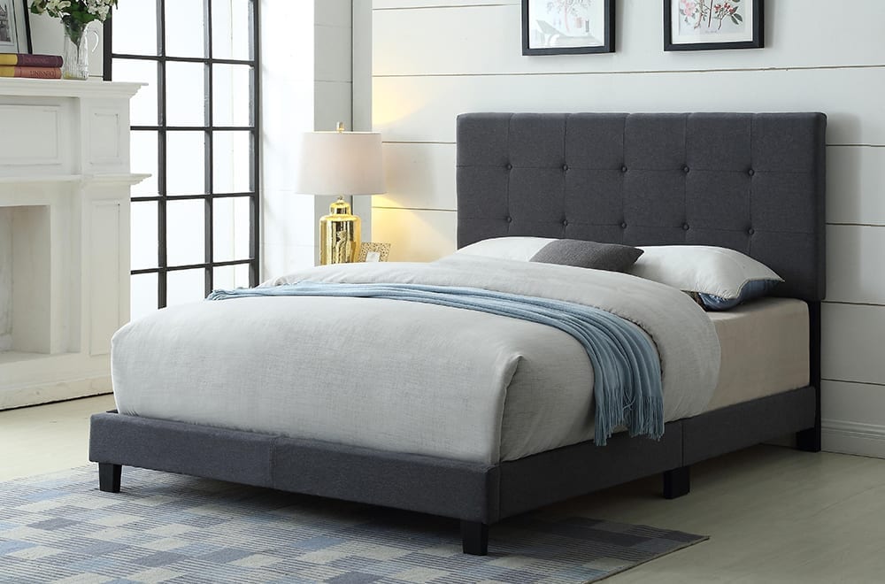 Elegant button-tufted upholstered bed frame with adjustable headboard and soft fabric finish
