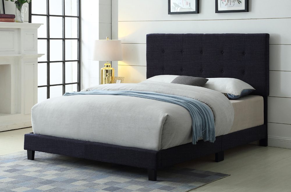 Modern upholstered bed frame featuring button-tufted adjustable headboard and sturdy support base
