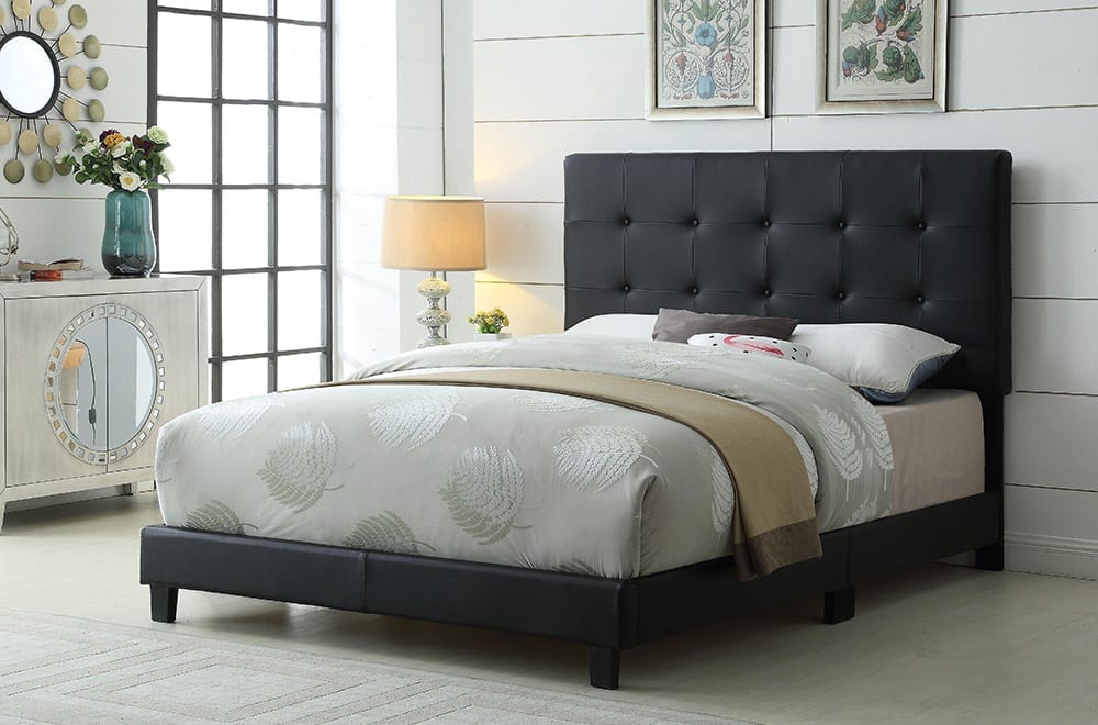 Contemporary button-tufted bed with adjustable headboard showcasing elegant design and durable frame
