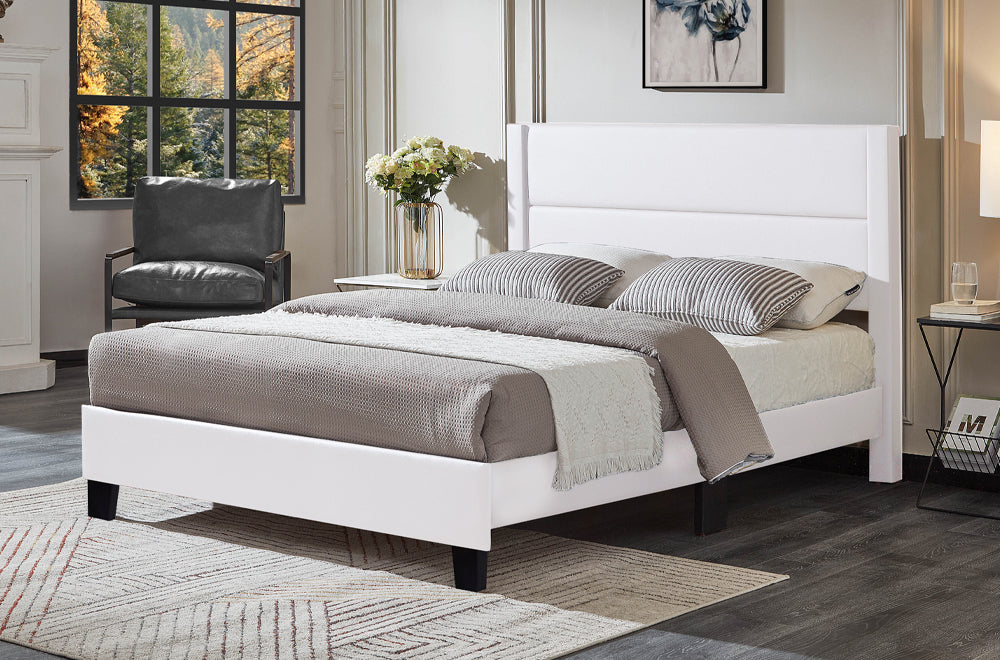 Contemporary platform bed featuring horizontal channel-tufted headboard and sturdy frame
