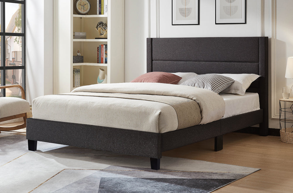 Luxury upholstered bed with channel-tufted headboard and sleek no box spring platform design
