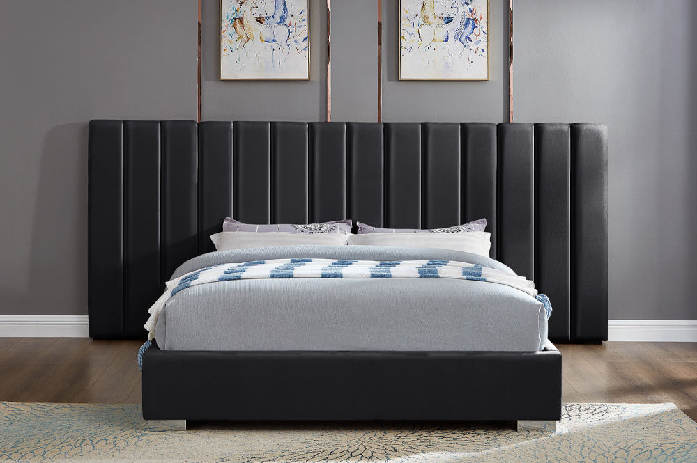 Luxurious velvet platform bed featuring extended headboard and plush upholstery
