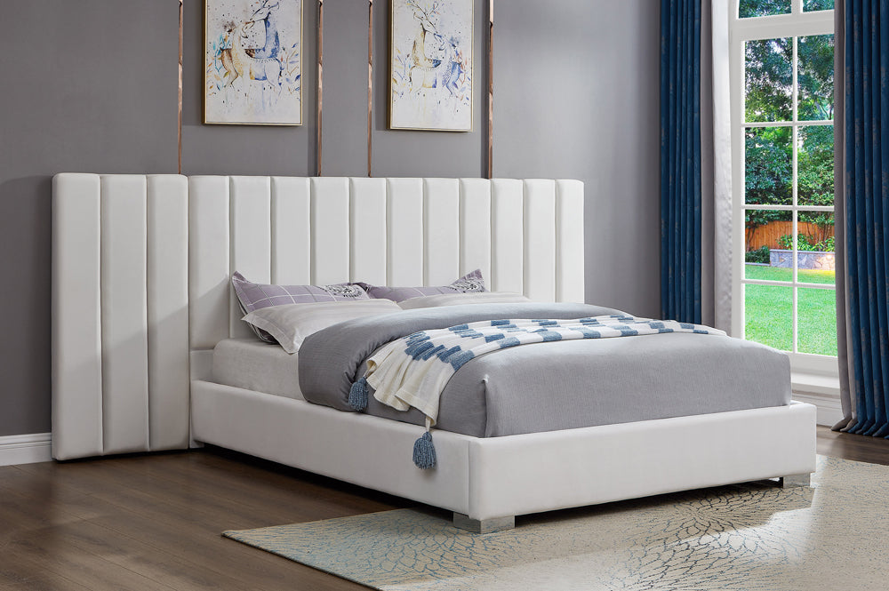 Velvet upholstered platform bed showing extended headboard and durable construction
