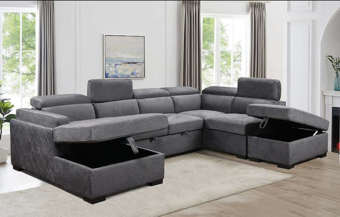 Close-up detail of one of the Ezzy Grey Linen sectional's built-in storage compartments open, highlighting the internal space and linen texture.