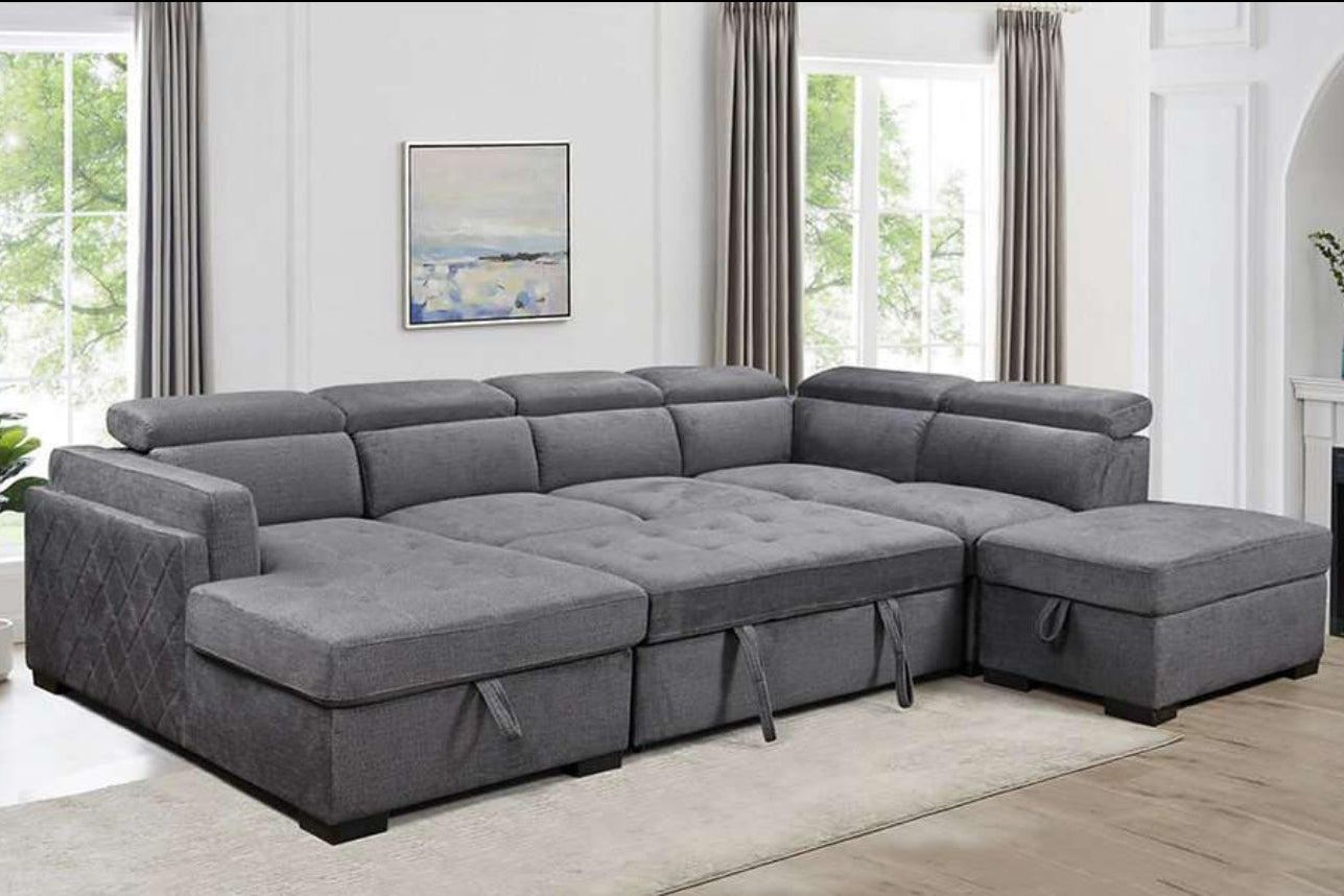 Full overhead view of the Ezzy Grey Linen U-Shaped Sectional Sofa, showcasing the massive size and configuration with built-in storage.