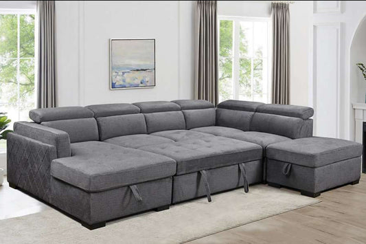 Full overhead view of the Ezzy Grey Linen U-Shaped Sectional Sofa, showcasing the massive size and configuration with built-in storage.